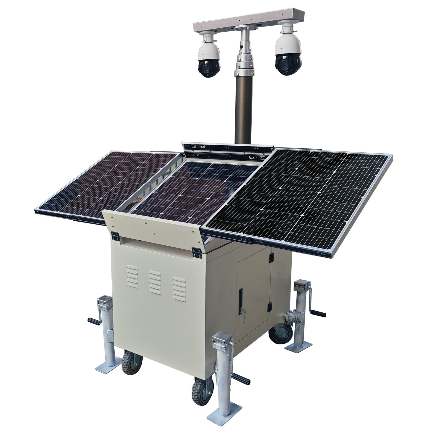 Mobile Surveillance Tower, Turn-Key CCTV Security Trailer, Solar-Powered with 3 * 135W Panels, 2x120AH Batteries, 4G Router, POE Switch, 5M Pneumatic Lift Mast, Cruise Tracking, Cameras Not Included.