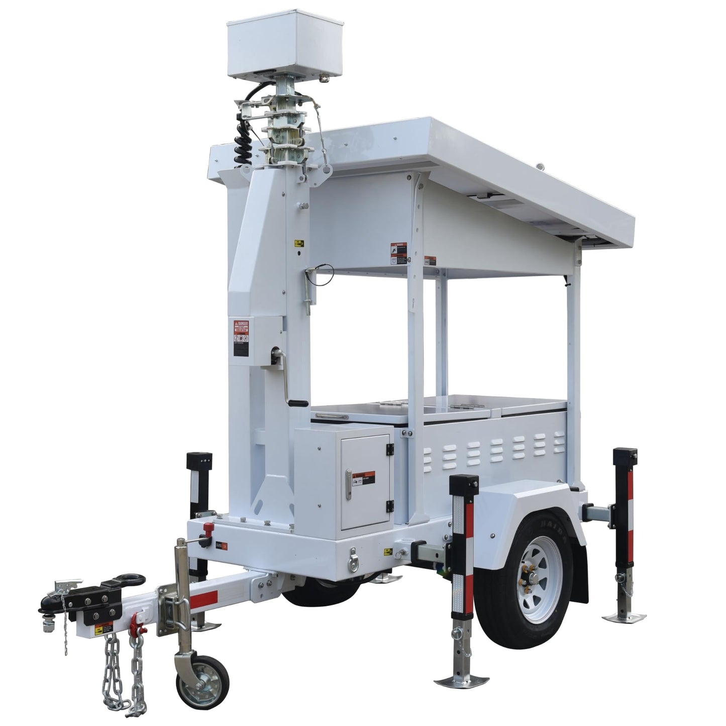 Portable Surveillance Trailer, Turn-Key CCTV Outdoor Surveillance Tower, Solar-Powered with 2*435W Panels,4x12V 200AH Batteries, 29.5ft Telescopic Mast, VMS, Active Deterrence, Cameras Not Included.