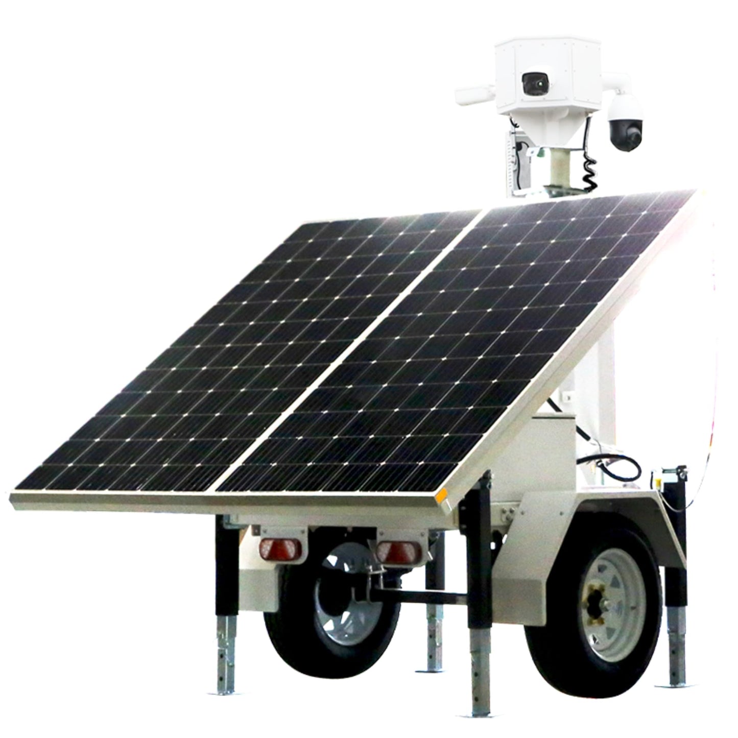 Mobile Surveillance Tower - Turn-Key CCTV Security Trailer, Solar-Powered with 2x435W Panels, 4x200AH Batteries, 5G Router, POE Switch – Road-Ready with VIN Registration. Cameras Not Included.